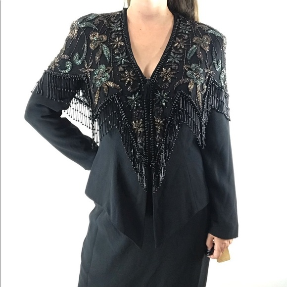 CASADEI Vintage Black Beaded Floral Fringe Cocktail Blazer Jacket Skirt Suit Set - Picture 2 of 16